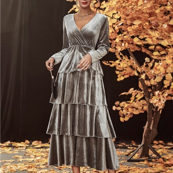 SHEIN Dresses & Skirts - Silver Velvet Ruffle Dress